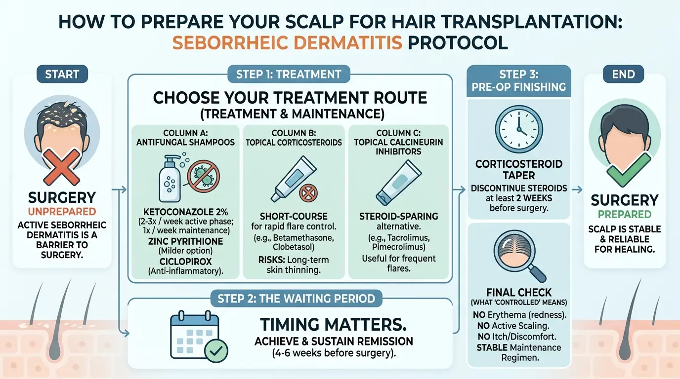 prepare post op for hair transplant with seborreic dermatitis