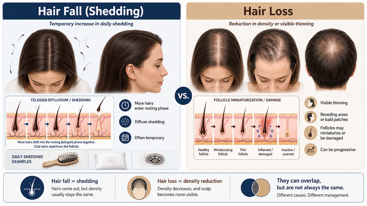 What Causes Hair Fall? The Most Common Reasons Explained 1 Hair fall vs. hair loss, what's the difference