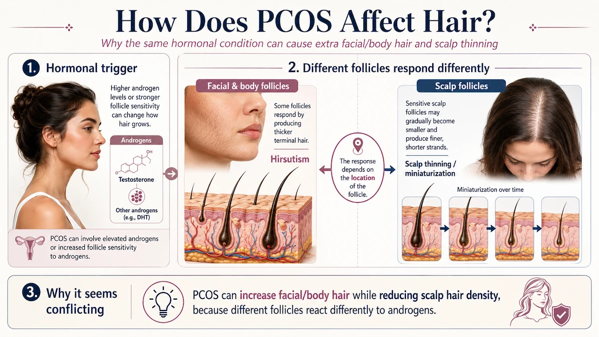 PCOS and Hair, Why It Causes Both Hair Loss and Excess Hair Growth 1 How does PCOS affect hair