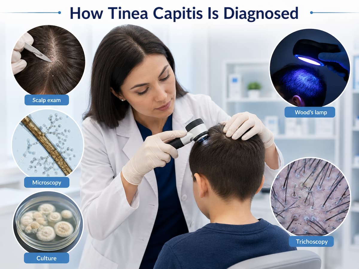 How is tinea capitis diagnosed
