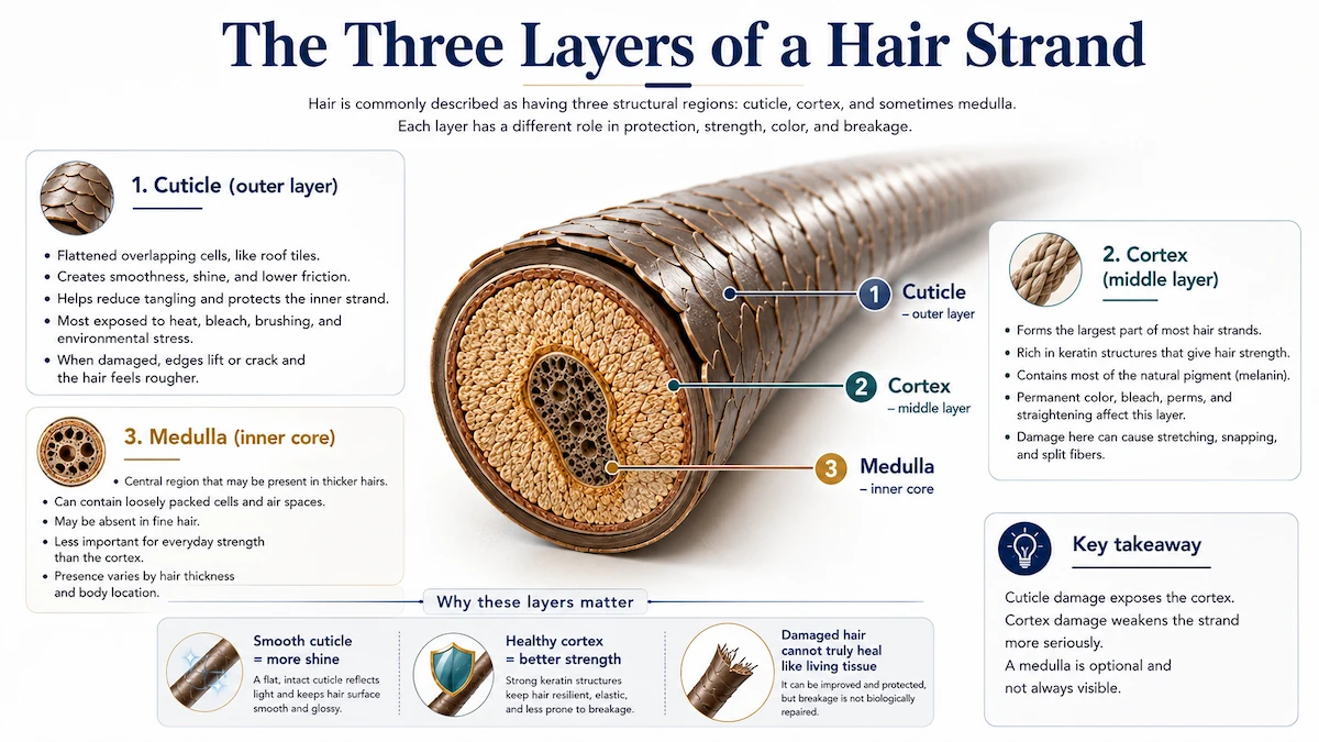 The three layers of a hair strand