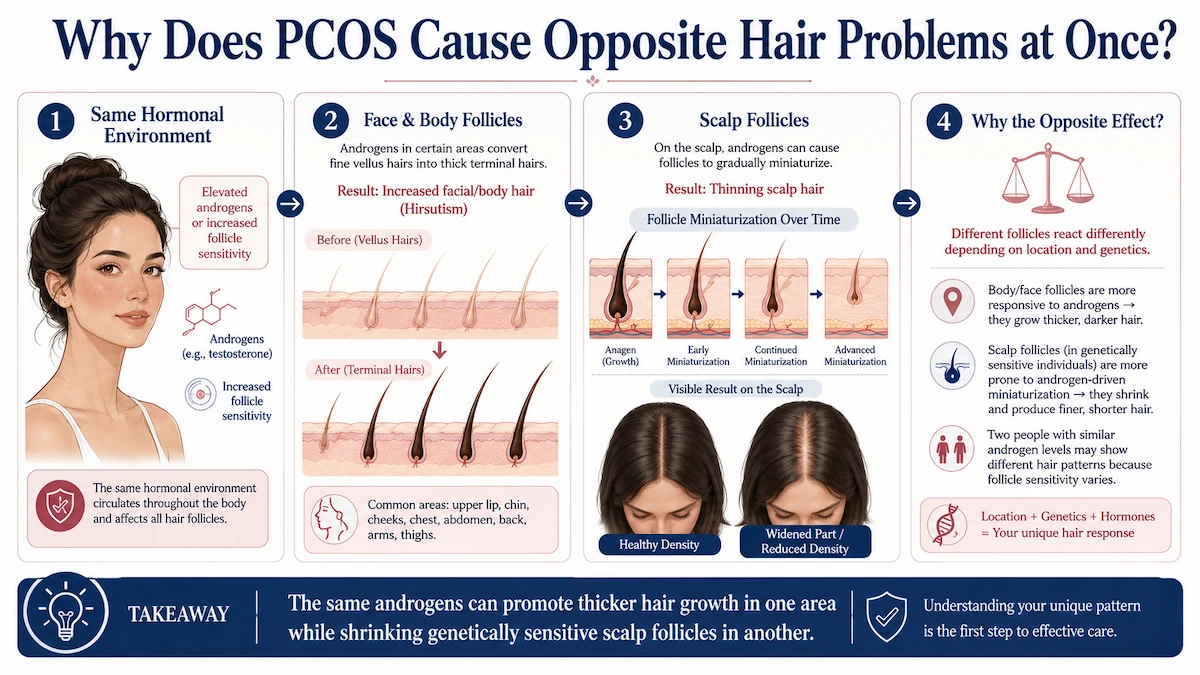 PCOS and Hair, Why It Causes Both Hair Loss and Excess Hair Growth 2 Why does PCOS cause opposite hair problems at once